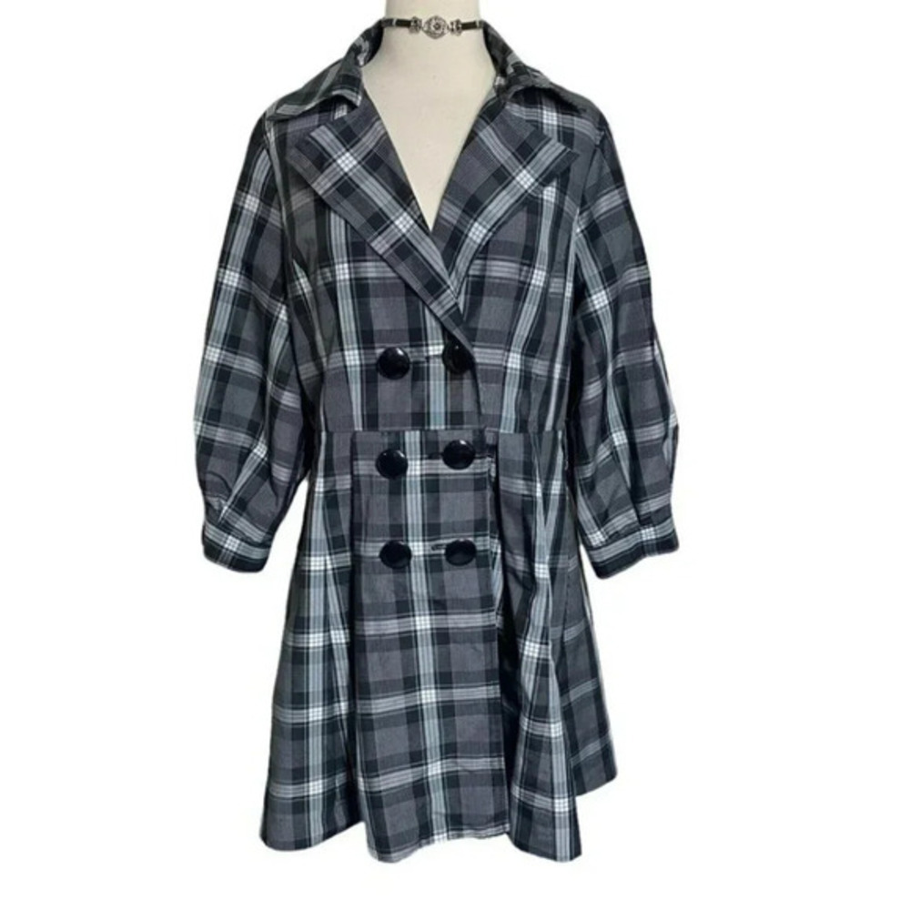 NY Collection Plaid Trench Coat Large‎ Gray Double Breasted Puff Sleeve Flare